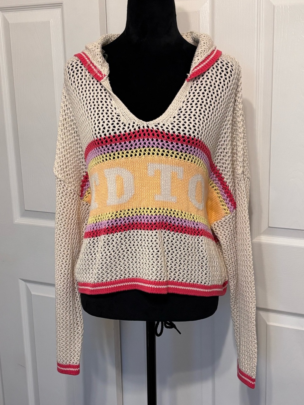 Limited Too Cream Open-Weave Crewneck Sweater Pink and Orange Stripes XL 16/18